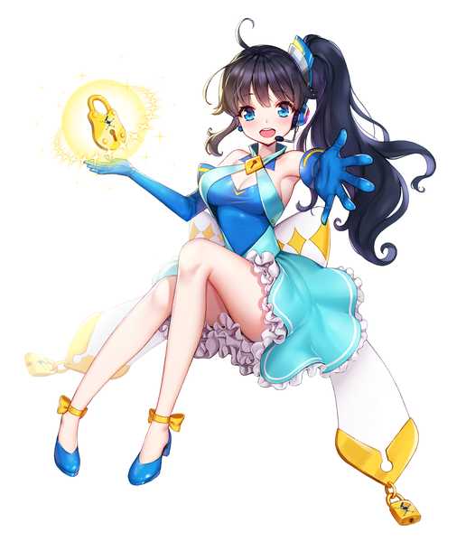 Anime picture 1400x1628 with original ango single long hair tall image looking at viewer blush fringe breasts open mouth blue eyes light erotic black hair simple background smile white background cleavage ahoge :d high heels