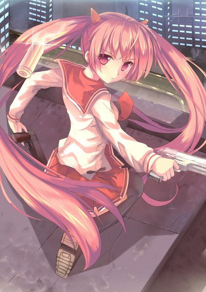 Anime picture 600x848 with hidan no aria kanzaki h aria dreamlight2000 single tall image looking at viewer twintails pink hair bent knee (knees) very long hair pink eyes looking back from above from behind kneeling girl thighhighs skirt uniform weapon