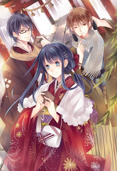 Anime picture 1000x1459 with kawaiirei long hair tall image blush short hair blue eyes smile brown hair brown eyes blue hair traditional clothes japanese clothes one eye closed wink multiple boys piercing new year hand on headphones girl boy