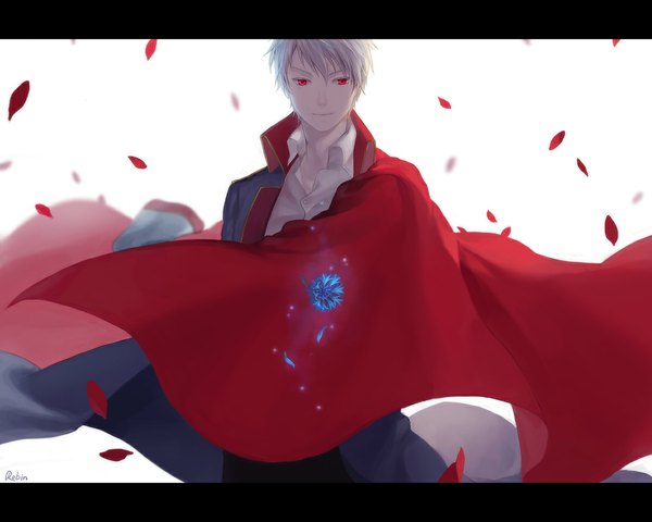 Anime picture 1100x880 with axis powers hetalia studio deen prussia (hetalia) robinexile single looking at viewer short hair simple background red eyes silver hair wind open collar boy uniform flower (flowers) petals cloak