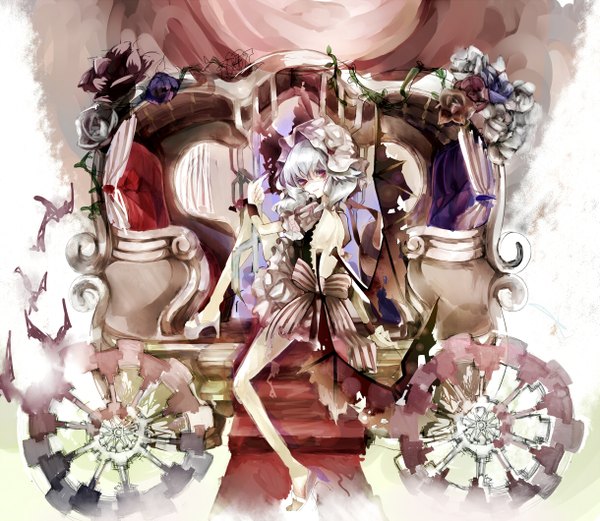 Anime picture 1220x1060 with touhou remilia scarlet shiyui (artist) sitting purple eyes silver hair fingernails legs back long fingernails bat wings girl dress flower (flowers) bow hat rose (roses) throne