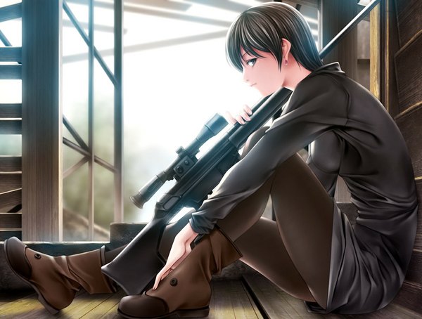 Anime picture 1187x900 with original rezi single looking at viewer short hair light erotic black hair sitting full body profile grey eyes hand on knee girl weapon earrings pantyhose boots black pantyhose gun sniper rifle