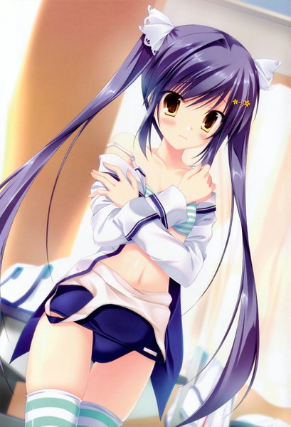 Anime picture 4354x6390 with da capo da capo iii rukawa sara takano yuki (allegro mistic) tall image blush highres light erotic twintails yellow eyes blue hair absurdres very long hair scan open clothes open shirt girl thighhighs navel uniform