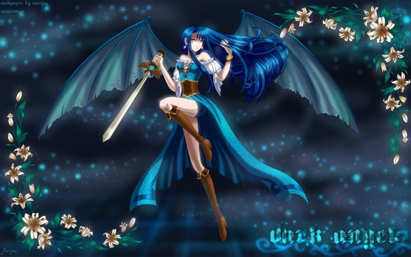 Anime picture 3000x1875 with long hair highres wide image yellow eyes blue hair bat wings girl flower (flowers) weapon earrings sword wings boots knee boots
