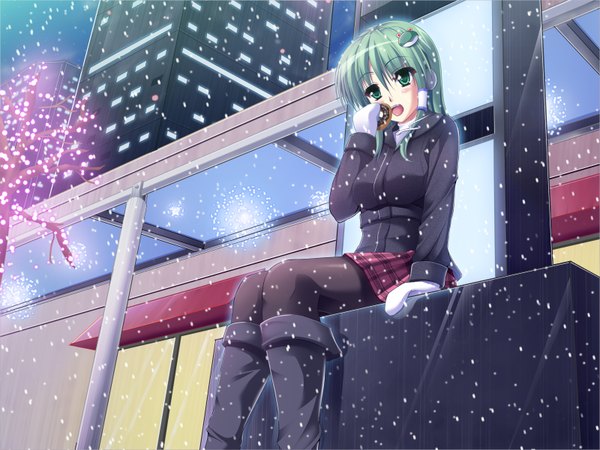 Anime picture 1600x1200 with touhou kochiya sanae runa7 (artist) blush open mouth sitting green eyes green hair night snowing snow eating girl plant (plants) tree (trees) boots building (buildings) mittens