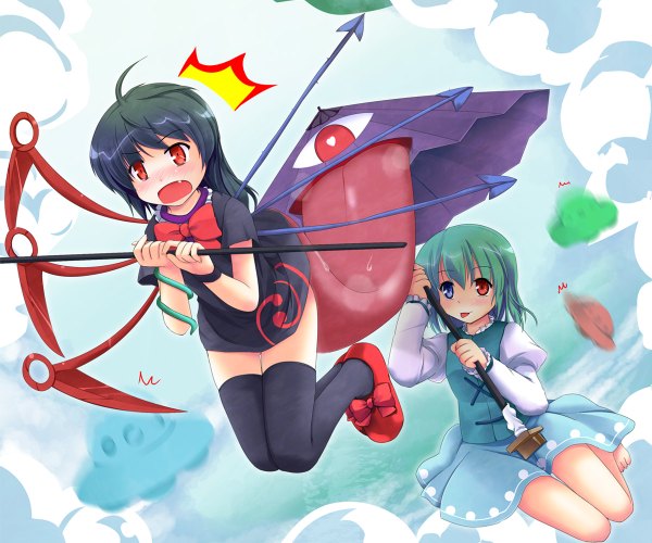Anime picture 1200x1000 with touhou houjuu nue tatara kogasa short hair open mouth red eyes multiple girls ahoge heterochromia girl thighhighs bow 2 girls wings tongue umbrella monster spacecraft directional arrow ufo