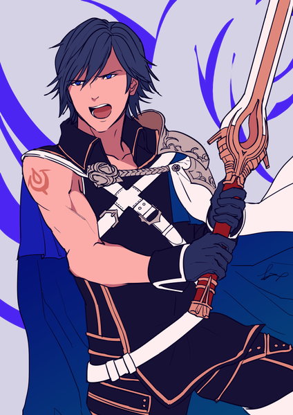 Anime picture 750x1061 with fire emblem fire emblem awakening chrom (fire emblem) ichiyou (kazuha1003) single tall image short hair open mouth blue eyes holding blue hair upper body tattoo sleeveless serious boy gloves uniform weapon sword