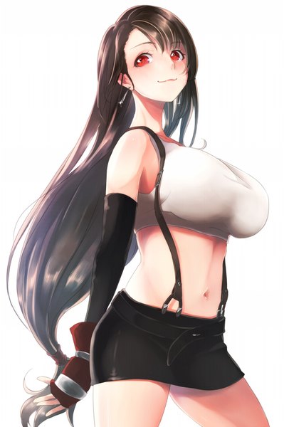 Anime picture 533x800 with final fantasy final fantasy vii square enix tifa lockhart nemunemu (bluelight5) single long hair tall image looking at viewer blush breasts light erotic black hair simple background smile red eyes white background huge breasts girl skirt