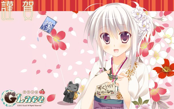 Anime picture 2560x1600 with 1/2 summer kaminogi ushio sesena yau blush highres short hair open mouth wide image brown eyes white hair traditional clothes japanese clothes hair flower alternate hairstyle hair up girl hair ornament flower (flowers) petals kimono