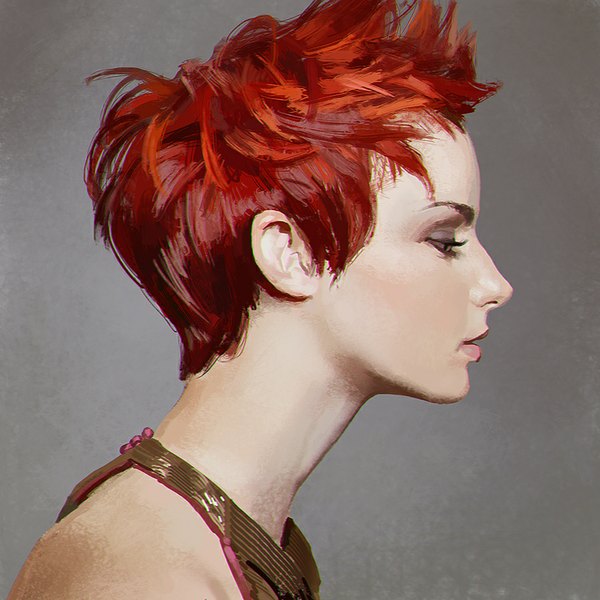 Anime picture 900x900 with original ilya kuvshinov single short hair simple background bare shoulders looking away red hair profile grey background close-up girl