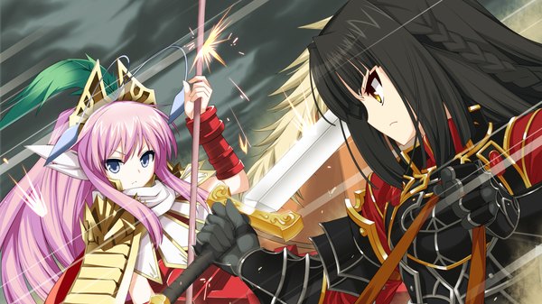 Anime picture 1280x720 with sangoku hime unicorn-a long hair blue eyes black hair wide image multiple girls yellow eyes pink hair game cg battle girl weapon 2 girls sword armor