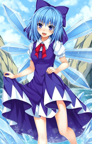 Anime picture 980x1535 with touhou cirno kitou kaitai single tall image looking at viewer blush short hair open mouth blue eyes blue hair :d happy walking girl dress bow hair bow wings blue dress