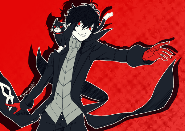 Anime picture 1200x849 with persona 5 persona amamiya ren morgana (persona 5) kawasemi sumika single looking at viewer fringe short hair simple background smile hair between eyes red eyes holding signed twitter username outstretched arm red background animal on shoulder boy