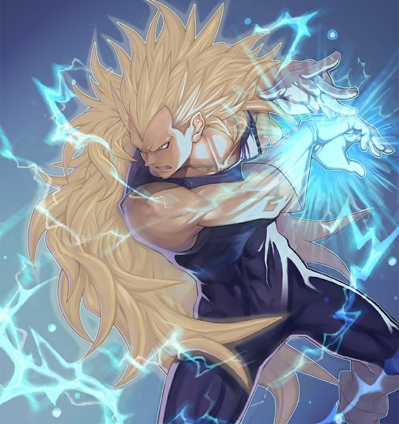 Anime picture 1000x1063 with dragon ball dragon ball z vegeta katsutake single long hair tall image blonde hair green eyes muscle angry lightning boy gloves