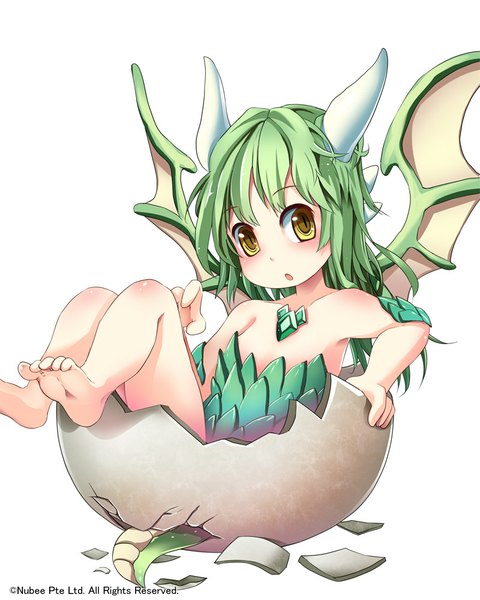 Anime picture 800x1000 with original suoni (deeperocean) single long hair tall image open mouth bare shoulders yellow eyes barefoot horn (horns) green hair dragon girl girl wings eggshell
