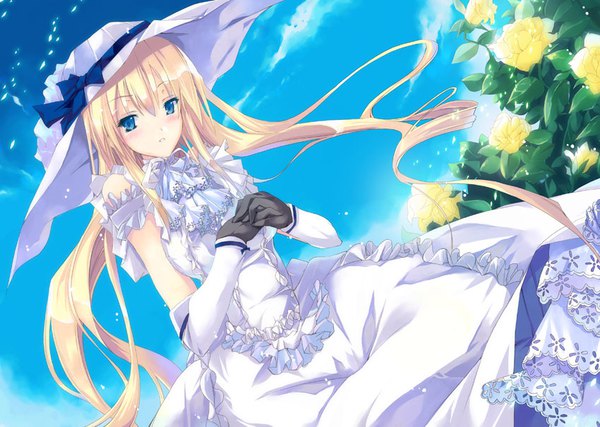 Anime picture 850x605 with original hinoto (artist) single long hair looking at viewer blush fringe blue eyes blonde hair hair between eyes payot sky outdoors parted lips wind :o dutch angle girl dress gloves