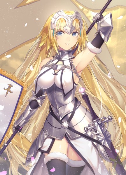 Anime picture 900x1250 with fate (series) fate/apocrypha type-moon jeanne d'arc (fate) (all) jeanne d'arc (fate) keito (kazamatuli) single tall image looking at viewer fringe blue eyes blonde hair smile holding very long hair arm up wind armpit (armpits) girl gloves