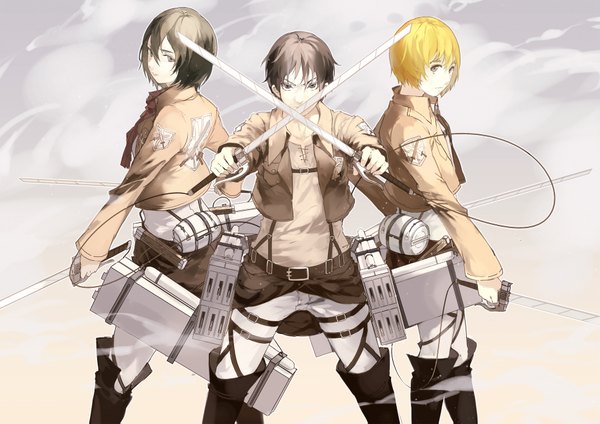 Anime picture 1865x1319 with shingeki no kyojin production i.g mikasa ackerman eren yaeger armin arlert nine (liuyuhao1992) looking at viewer highres short hair black hair blonde hair holding brown eyes multiple boys group dual wielding crossed swords girl boy weapon