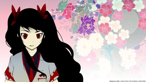 Anime picture 1920x1080 with tower of god ha yuri zahard lenb (artist) siu (artist) single long hair highres black hair red eyes wide image girl flower (flowers) bow hair bow shirt necktie