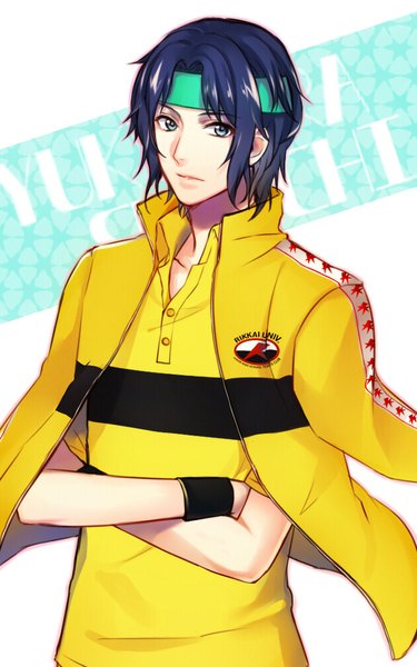 Anime picture 629x1005 with prince of tennis yukimura seiichi mfmf kyun single tall image looking at viewer short hair blue eyes blue hair character names crossed arms clothes on shoulders boy uniform hairband gym uniform wristlet tennis uniform