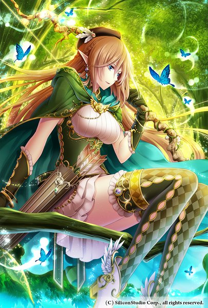 Anime picture 675x1000 with original rinko (mg54) long hair tall image breasts blue eyes blonde hair smile large breasts looking away bent knee (knees) braid (braids) pointy ears sunlight white wings girl gloves weapon plant (plants) earrings