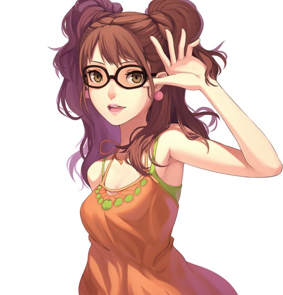Anime picture 1200x1251 with persona 4 persona kujikawa rise fkey single long hair tall image open mouth simple background brown hair white background brown eyes girl earrings glasses sundress