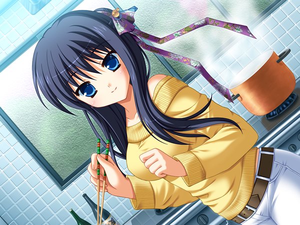Anime picture 1200x900 with clover point kashiwagi tsukine yuyi blue eyes black hair game cg cooking girl