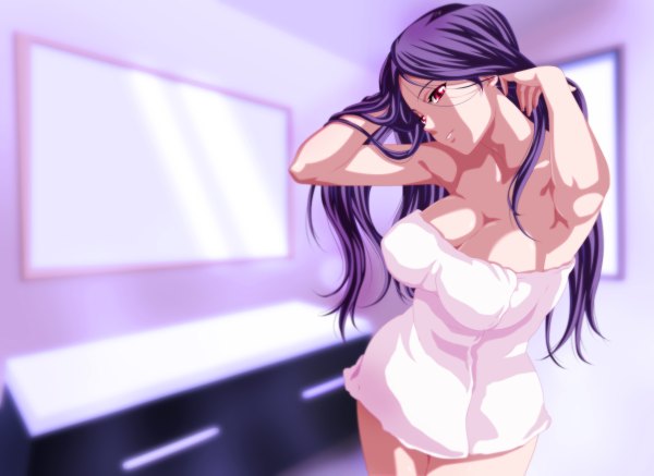 Anime picture 1200x874 with classy cranberry's atelier kaguya (studio) kyouka oze eroishi single long hair light erotic red eyes purple hair armpit (armpits) coloring naked towel girl towel bath