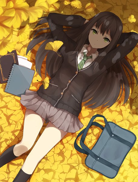 Anime picture 1161x1524 with idolmaster idolmaster cinderella girls shibuya rin gkn levi single long hair tall image fringe black hair green eyes lying pleated skirt from above sunlight shadow arms behind head girl skirt uniform school uniform