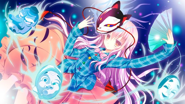Anime picture 1244x700 with touhou hata no kokoro shirogane hina single long hair looking at viewer blush wide image pink hair long sleeves pink eyes expressionless mask on head girl skirt hair ornament bow shirt mask fan