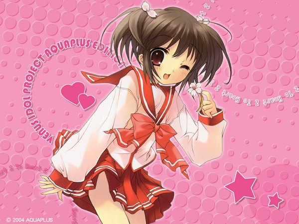 Anime picture 1024x768 with to heart 2 leaf (studio) yuzuhara konomi single looking at viewer blush fringe short hair open mouth brown hair twintails holding brown eyes long sleeves one eye closed wink happy girl uniform flower (flowers)