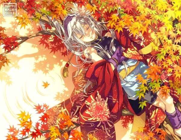 Anime picture 1288x1000 with original minami seira single long hair white hair lying eyes closed traditional clothes sleeping girl flower (flowers) plant (plants) tree (trees) hairband