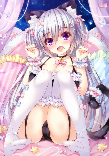 Anime picture 844x1200 with original oziko (ojitcha) ojitcha single long hair tall image blush fringe breasts open mouth light erotic hair between eyes large breasts sitting purple eyes animal ears silver hair tail animal tail cat ears