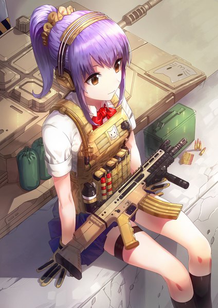Anime picture 826x1168 with original kfr single long hair tall image fringe sitting brown eyes payot looking away purple hair ponytail from above girl skirt gloves uniform weapon school uniform headphones