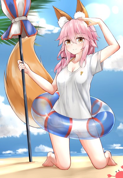 Anime picture 2500x3600 with fate (series) fate/extra tamamo (fate) (all) tamamo no mae (swimsuit lancer) (fate) moyoron single long hair tall image looking at viewer blush fringe highres light erotic hair between eyes holding brown eyes animal ears payot pink hair sky