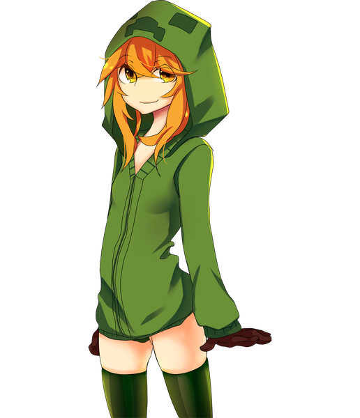 Anime picture 982x1142 with minecraft creeper tagme (artist) single tall image looking at viewer fringe short hair light erotic hair between eyes standing light smile orange hair orange eyes flat chest transparent background personification girl thighhighs gloves