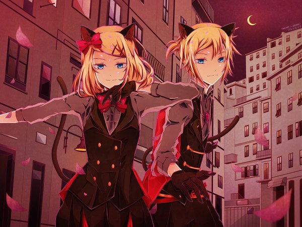 Anime picture 1200x904 with vocaloid kagamine rin kagamine len zoltruke looking at viewer fringe short hair blonde hair smile standing animal ears sky ponytail animal tail aqua eyes cat ears night cat tail twins brother and sister