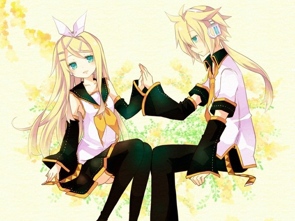 Anime picture 1024x768 with vocaloid kagamine rin kagamine len tagme (artist) long hair blonde hair sitting green eyes low ponytail future style (module) girl thighhighs boy skirt hair ornament bow black thighhighs hair bow detached sleeves hairclip