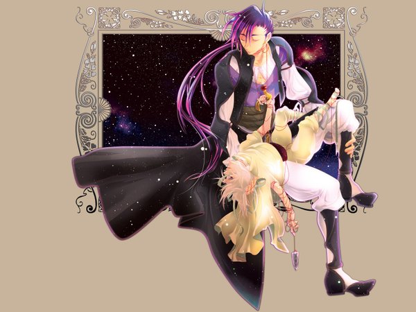 Anime picture 1600x1200 with magi the labyrinth of magic a-1 pictures ja'far (magi) sinbad (magi) tagme (artist) long hair short hair blonde hair simple background sitting purple eyes holding purple hair ponytail lying multiple boys grey eyes couple framed space