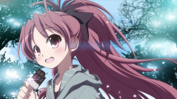 Anime picture 1024x576 with mahou shoujo madoka magica shaft (studio) sakura kyouko izumi bell single long hair blush open mouth red eyes wide image ponytail red hair girl food sweets chocolate