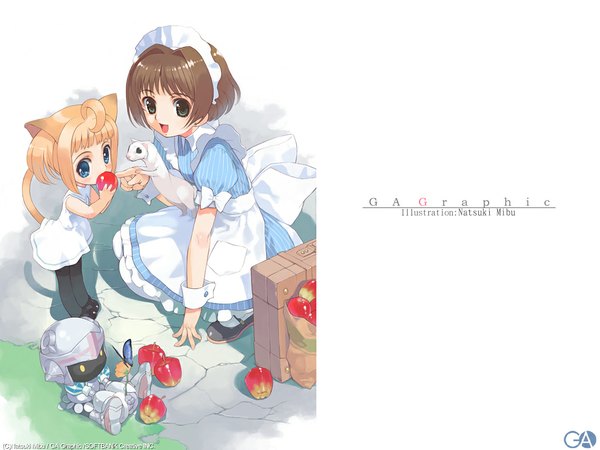 Anime picture 1024x768 with gagraphic mibu natsuki animal ears tail cat ears maid wallpaper girl food fruit apple