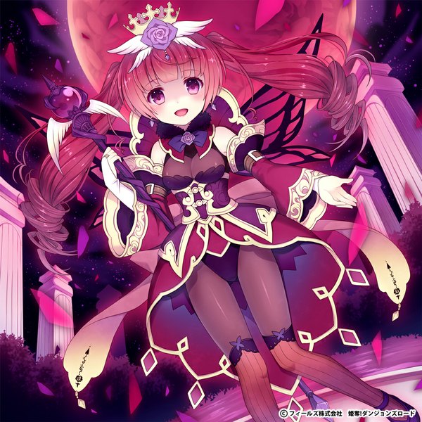 Anime picture 1000x1000 with himedatsu! dungeons lord wasabi (sekai) single long hair looking at viewer twintails purple eyes red hair red moon girl dress petals crown pillar column