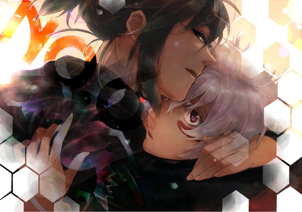 Anime picture 2312x1627 with no.6 studio bones nezumi (no.6) shion (no.6) natsuk looking at viewer highres short hair open mouth blue eyes red eyes brown hair white hair inscription multiple boys hug shounen ai face paint boy scarf