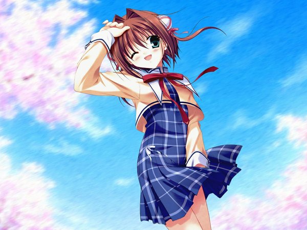 Anime picture 1024x768 with da capo da capo ii asakura yume single blush fringe short hair open mouth hair between eyes brown hair standing green eyes looking away sky long sleeves one eye closed arm up wind cherry blossoms happy