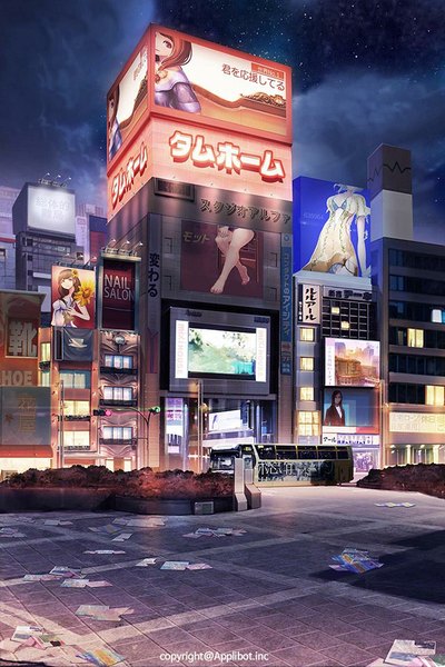 Anime picture 640x960 with original zonmin tall image signed bent knee (knees) night bare legs night sky street product placement girl window building (buildings) star (stars) ground vehicle paper traffic lights bus garbage