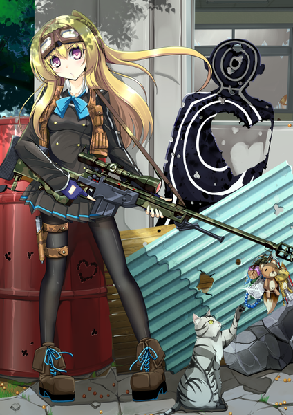 Anime picture 724x1024 with original amino dopple (artist) single long hair tall image looking at viewer blush blonde hair purple eyes girl skirt gloves weapon animal pantyhose boots fingerless gloves gun cat toy