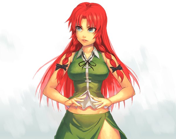 Anime picture 1265x1000 with touhou hong meiling yuuji (and) single long hair blue eyes simple background standing white background looking away red hair braid (braids) twin braids girl skirt bow hair bow skirt set green skirt