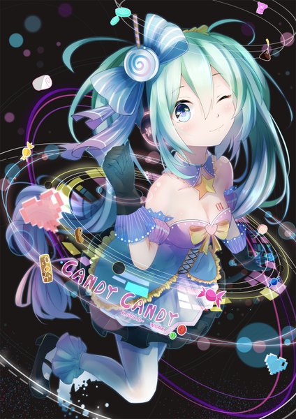Anime picture 1132x1600 with vocaloid candy candy (song) hatsune miku asahi kuroi single long hair tall image blush breasts smile twintails bare shoulders signed ahoge bent knee (knees) very long hair one eye closed arm up aqua eyes wink