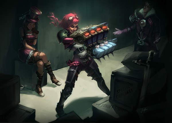 Anime picture 2048x1469 with league of legends caitlyn (league of legends) vi (league of legends) jayce (league of legends) tsuaii long hair tall image highres short hair smile brown hair sitting multiple girls pink hair eyes closed inscription shadow crossed legs hand on face goggles on head