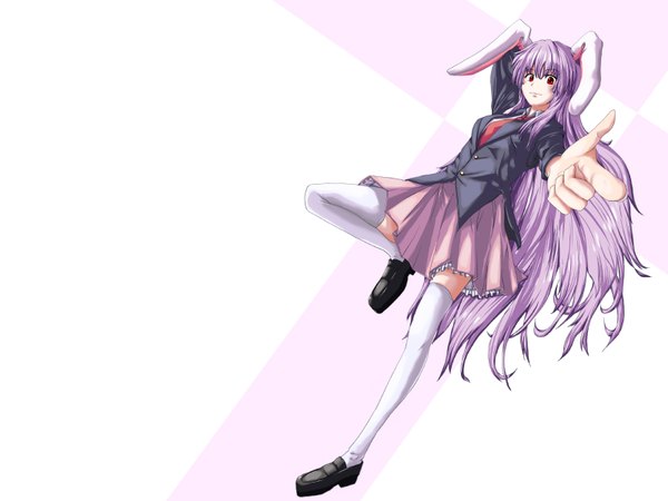 Anime picture 1600x1200 with touhou reisen udongein inaba m134 single long hair simple background red eyes purple hair bunny ears bunny girl pointing girl thighhighs white thighhighs